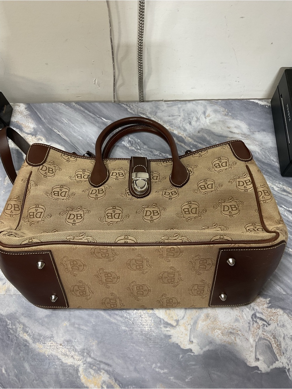 Dooney & Bourke Tan Canvas Logo Satchel with Brown Leather Trim - Picture 14 of 16
